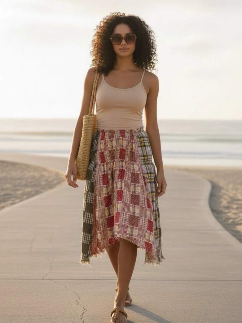 Pol Sun Up Sun Down Plaid Patchwork Convertible Skirt Dress M Boho Cottagecore